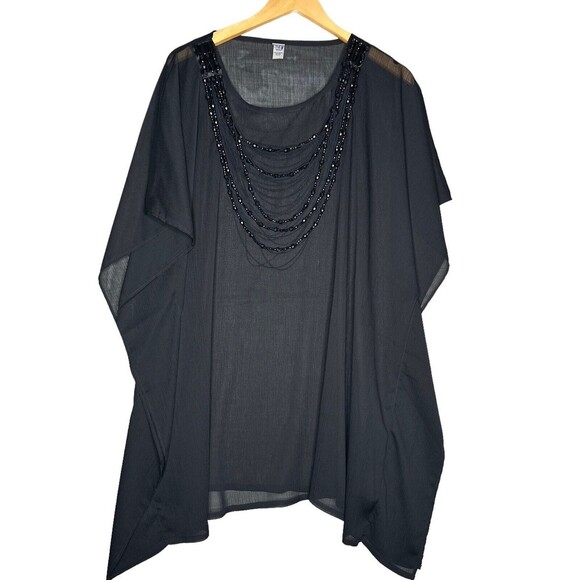CHICO'S Sheer Size M/L Black Pancho Wrap Bead Necklace Scoop Neck Relax Fit - Picture 1 of 13